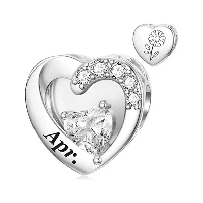 April Birthstone Heart Charm For European Bracelets S925 Sterling Silver • £8.99