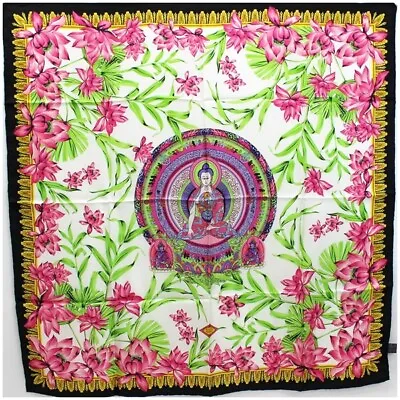 ATELIER VERSACE Scarf Black White Silk Buddha Motif Flower Women Italy • $136