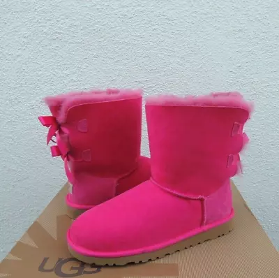 Ugg Cerise Pink Bailey Bow Sheepskin Boots Youth 5 Fits Women Us 7/ Eur 38 Nib • $109.95