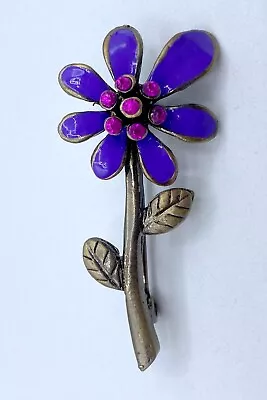 B3-540 Vintage Brooch Pin 1.75  Flowers Purple Enamel Long Stem Crystal • $4.99