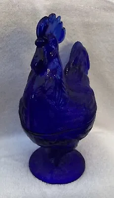 Vintage Cobalt Glass Rooster Covered Candy Dish  7”x8  • $18