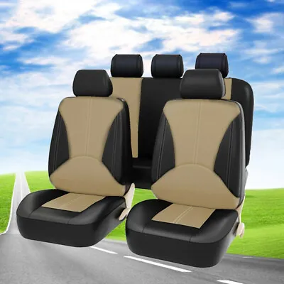 9pcs Black/Beige PU Leather Seat Covers Universal Fit For Car Front Rear Seats • $63.80