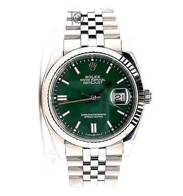 Rolex Datejust 116234 18K White Gold Bezel Green Dial Jubilee Steel Watch MINT • $12941.18