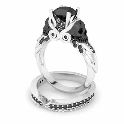 £110 • Buy 2.50Ct Round Black Simulated Diamond Skull Engagement Ring Set White Gold Finish