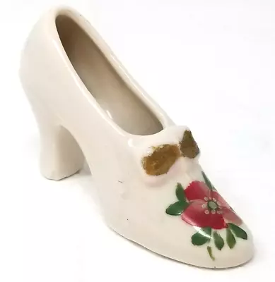 Fashion Heel Shoe Figurine White Red Pansy Gold Bow Ceramic Vintage • $11.95