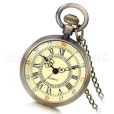 Retro Steampunk Roman Numeral Dial Quartz Pocket Watch Pendant Chain Necklace • $11.39