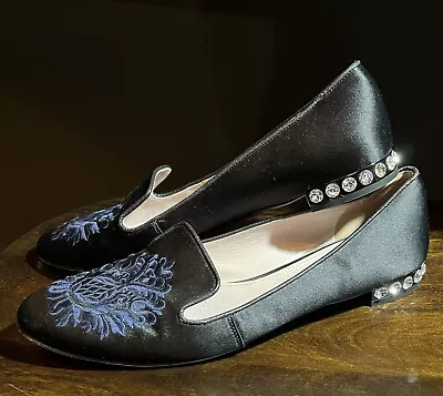 Miu Miu Flats Loafers Rhinestone Heel Satin Embroidered Leather Black Blue 8.5 • $197