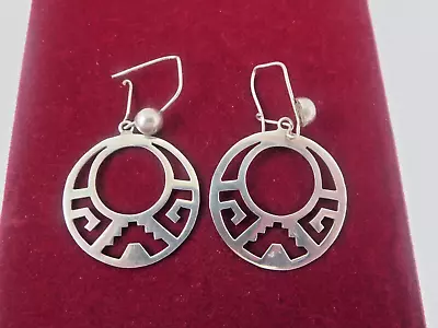 Ts-30 Mexico Taxco Sterling Silver Aztec Design Drop Dangle Earrings • $25