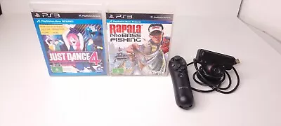 Sony Playstation + Move Controllers Eye Camera + Singstar 3 + Rapala Pro Bass 3  • $90