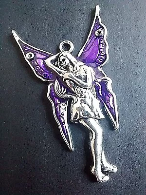 1 Or 2 LARGE PURPLE ENAMEL FAIRY Silver Charms Pendant 48mm X 26mm • £1.49