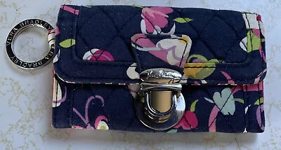 Vera Bradley Ribbons Blue Quick Swipe ID Mini Wallet Floral Silver Key Ring • $4.50