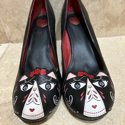 TUK Day Of The Dead Kitty Heels Dia De Los Muertos T.U.K. Women's Size 10 • $34.99