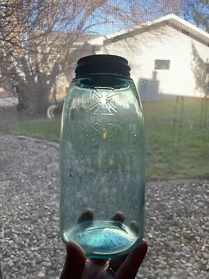 Antique Mason's Pat 1858 CROSS Jar Half Gallon Light Aqua Blue Glass & Zinc Lid • $19.99