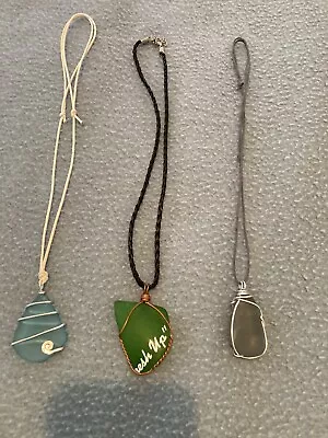 3 Blue Piece Wire Wrapped Sea Beach Glass Pendant Silver Copper Wire With Cords • $5.45