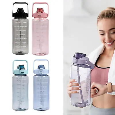 Large 2L Sports Water Bottle Time Marker With Straw Gym Travel Drinking Bottle • $25.69