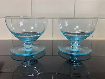 2 Retro Vintage Blue Aqua Glass Saucer Footed Sundae Dessert Ice Cream Bowls • £4