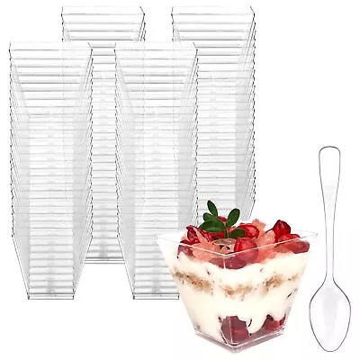 100 Pack 2 Oz Mini Dessert Cups With Spoons Square Clear Plastic Appetizer C... • $23.46