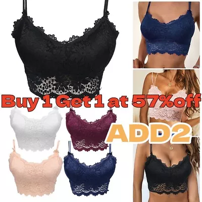 Women Lace Backless Floral Bralette Crop Top Padded Bra Bustier Cami Vest Tank • £3.87