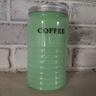 Jeannette Jadeite Green Beehive Ribbed Glass UV Glow Coffee Canister • $275