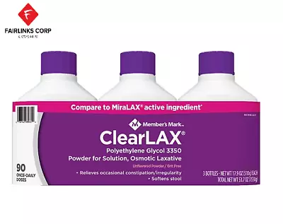 Member'S Mark Clearlax Polyethylene Glycol 3350 Powder 17.9 Oz 3Pk FREE SHIPPING • $35.50