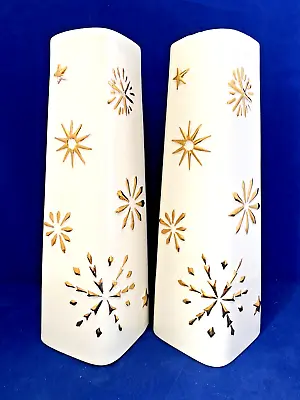 Vtg Large Mid Century Off White Gold Starburst Christmas Candle Holder Set Of 2 • $40