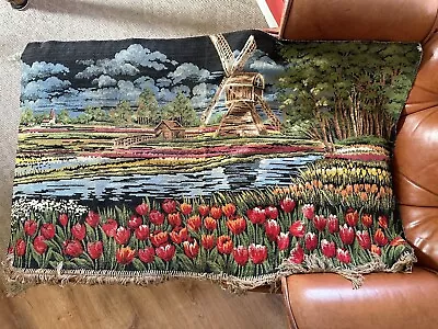 Vintage Fringed Tapestry Holland Dutch Windmill Tulips Wall Hanging 45”x28” • $40