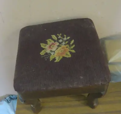 Vintage Handmade Needlepoint Wood Frame Leg Footstool Bench Stool 9  Sq. 8  High • $39.96