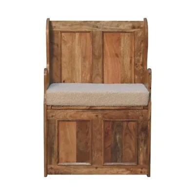 Small Monks Storage Bench In Cream Boucle Solid Mango Wood Entryway Hallway Seat • £398