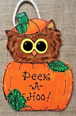 PEEK-A-HOO OWL HALLOWEEN PUMPKIN Sign Wall Art Door Plaque Autumn Fall Decor • $13