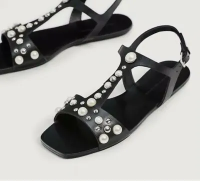 $39 • Buy ZARA EMBELLISHED Flat STRAPPY Sandals With Pearls Size 8 US