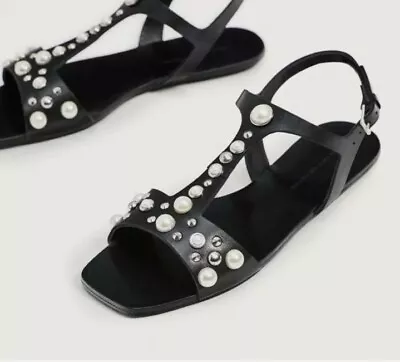 ZARA EMBELLISHED Flat STRAPPY Sandals With Pearls Size 8 US • $39