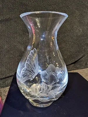 Beautiful Glass Vase With Flower And Butterfly Etching. 6.25  Tall • £8