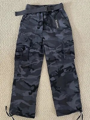 NWT Men's Nathan Black Gray Camouflage Camo Belted Cargo Pants ALL SIZES/LENGTHS • $23.99