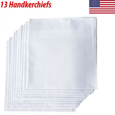 13 Pcs White Cotton Men Handkerchiefs Hanky Pocket Square Hankie Lot Set Vintage • $11.49