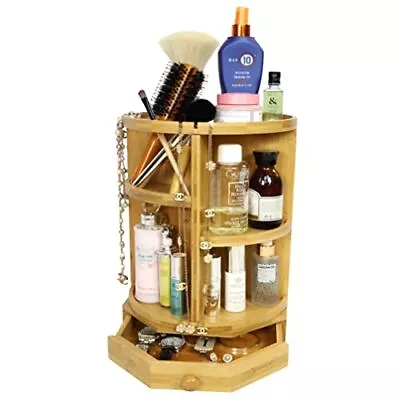 Bamboo Rotating Makeup Organizer With Adjustable Shelves & Drawer Multipurpose S • $51.90