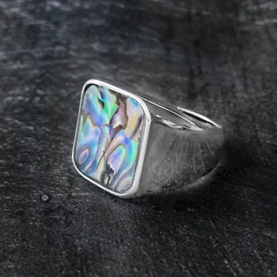Solid 925 Sterling Fine Silver Abalone Shell Cushion Gemstone Wedding Men's Ring • $49.99