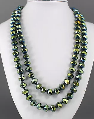 Vintage 70’s Long Green Aurora Borealis Ab Crystal Glass Bead Necklace • $9.99