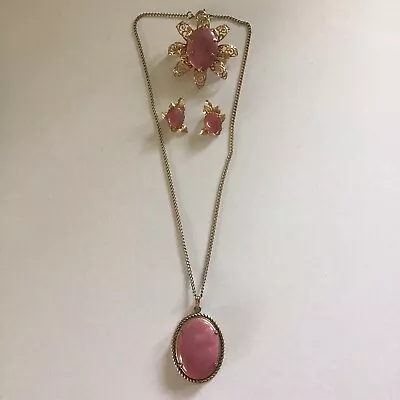 Vintage Gold Tone Parure Oval Pink Rhodonite Cabochon Rhodochrosite 3 Piece Set • $68.96