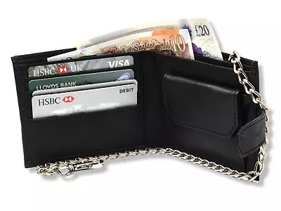  Mens Biker Genuine Leather Wallet With Coin Pocket And Safety Metal Chain #06 • £7.95