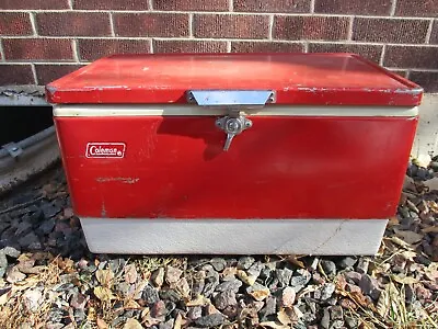 VINTAGE Coleman Cooler Red White Metal Steel Logo Ice Box Mid Mod 70's USA • $80