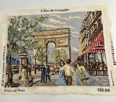 Vintage Completed Needlepoint Canvas Landscape-arc De Triomphe- 18x14 • $40