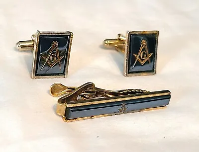 Vintage Gold Tone Masonic Freemason Black Stone Cufflinks Tie Tack Clip Men • $39.99