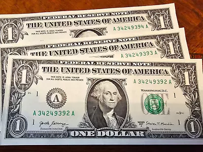 USD Notes/currency 1 Dollar Bill (3) 2017 RARE Sequential Numbering • $7.25