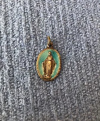 Vintage Religious Mother Mary Modonna Pendant Blue Enamel Gold Tone  • $15
