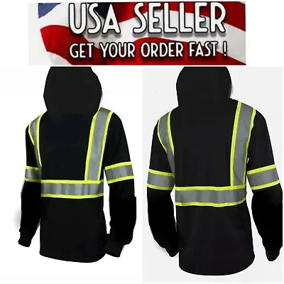 Hi Vis T Shirt Reflective Safety Black  Long Sleeve HIGH Visibility With Hood 🔥 • $19.99