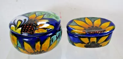 Montezuma Mexico Folk Art Pottery Lot Of 2 Handpainted Trinket Boxes Redware • $11.99