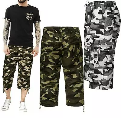 Mens Camouflage Shorts Cargo Combat Elasticated Waist Comfortable Fit Trousers • £8.85