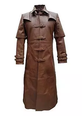 Mens Steampunk Style Trench Coat Brown Leather Crocodile Print Goth Matrix Coat • $219.99