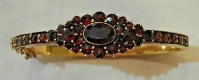 Vintage 14K Yellow Gold Plated 9Ct Oval Cut Red Garnet Bohemian Bangle Bracelet • $200.02