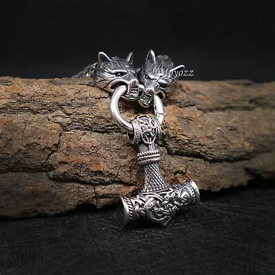 Mens Stainless Steel Heavy Wolf Viking Thors Hammer Pendant Necklace Vintage Men • $13.99